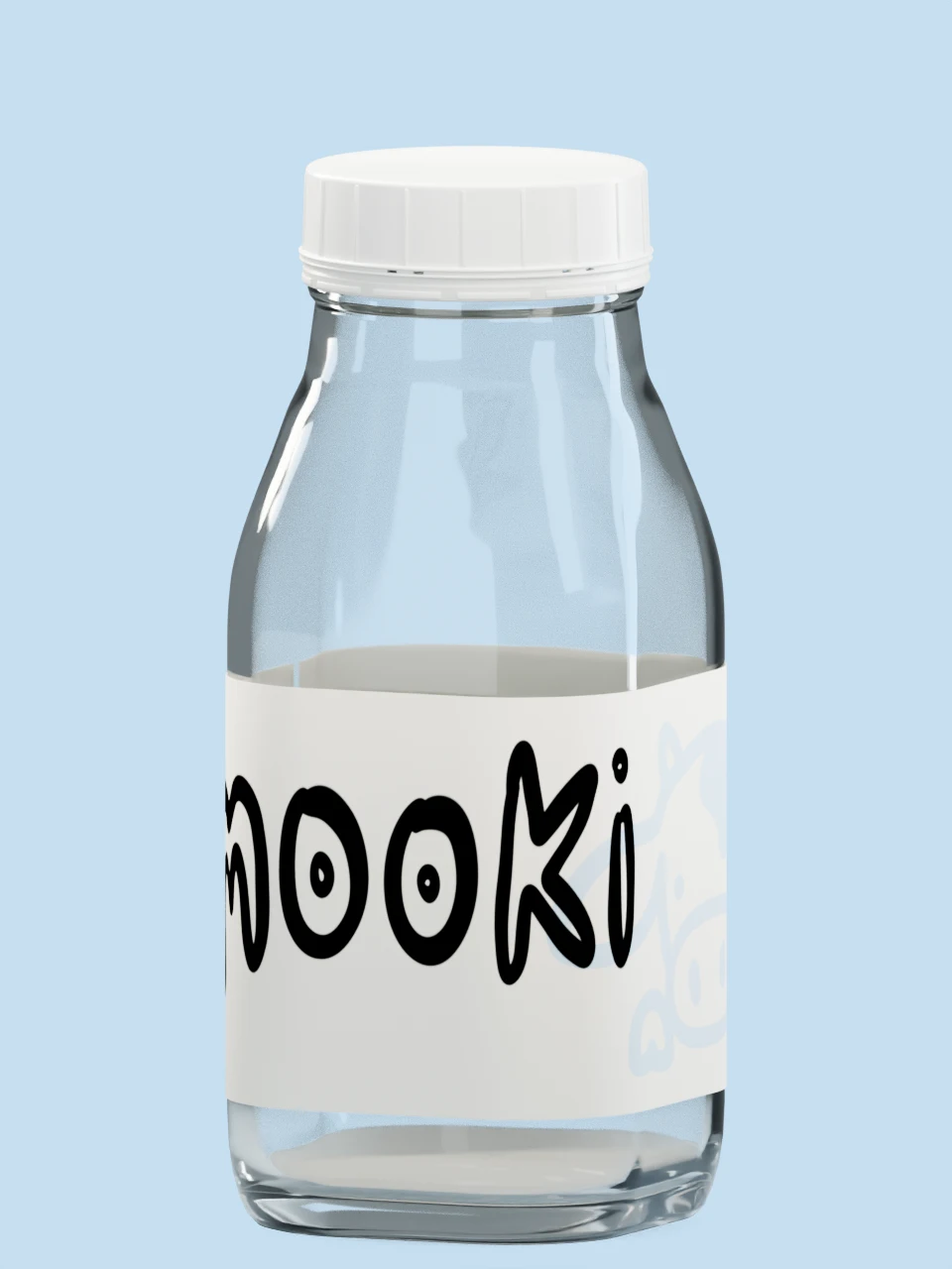 MOOKI glass bottle concept, ready to be filled, with a cream label, black wordmark and soft blue cow